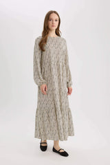 Crew Neck Patterned Long Sleeve Maxi Dress