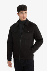 Slim Fit Shirt Collar Zippered Suede Jacket