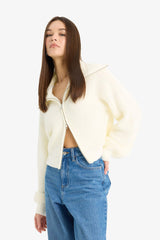 Slim Fit Slim Cut Polo Collar Zippered Knitwear Cardigan