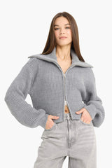 Slim Fit Slim Cut Polo Collar Zippered Knitwear Cardigan