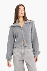 Slim Fit Slim Cut Polo Collar Zippered Knitwear Cardigan