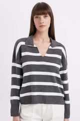 Relax Fit Polo Collar Striped Knitwear Pullover