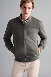 Slim Fit College Collar Zippered Suede Bomber Jacket