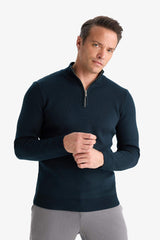 Standard Fit Regular Cut Stand Collar Half Zipper Basic Plain Knitwear Sweater