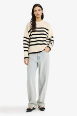 Oversize Loose Fit Half Turtleneck Striped Knit Sweater