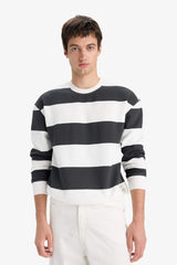 Boxy Fit Crew Neck Striped Sweatshirt