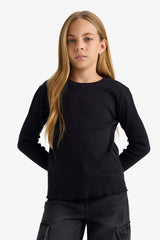 Girls Crew Neck Basic Plain Ribbed Camisole Long Sleeve School T-Shirt