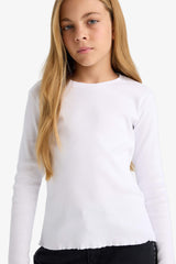 Girls Crew Neck Basic Plain Ribbed Camisole Long Sleeve School T-Shirt