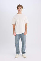 Boxy Fit Crew Neck Short Sleeve Basic Waffle T-Shirt