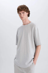 Boxy Fit Crew Neck Short Sleeve Basic Waffle T-Shirt