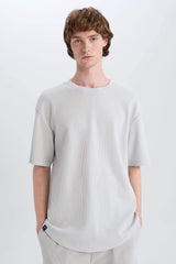 Boxy Fit Crew Neck Short Sleeve Basic Waffle T-Shirt