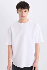 Boxy Fit Crew Neck Short Sleeve Basic Waffle T-Shirt