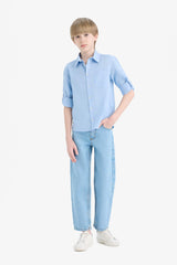 Boys Polo Collar Linen Look Long Sleeve Shirt