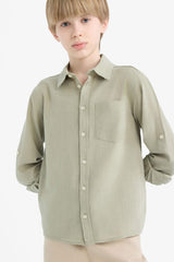 Boys Polo Collar Linen Look Long Sleeve Shirt