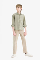 Boys Polo Collar Linen Look Long Sleeve Shirt