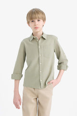 Boys Polo Collar Linen Look Long Sleeve Shirt