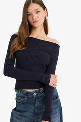 Slim Fit Narrow Cut Off-Shoulder Knit Sweater