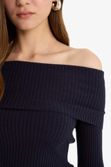 Slim Fit Narrow Cut Off-Shoulder Knit Sweater