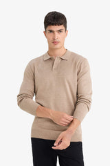 Standard Fit Polo Collar Buttoned Knit Sweater