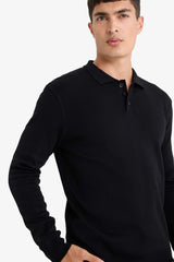 Standard Fit Polo Collar Buttoned Knit Sweater