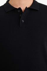 Standard Fit Polo Collar Buttoned Knit Sweater