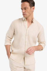 100% Linen Regular Fit Polo Collar Summer Basic Plain Long Sleeve Shirt