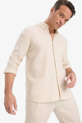100% Linen Regular Fit Polo Collar Summer Basic Plain Long Sleeve Shirt