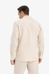 100% Linen Regular Fit Polo Collar Summer Basic Plain Long Sleeve Shirt