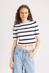 Fitted Crew Neck Striped Short Sleeve Pullover