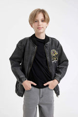 Boys College Collar Zippered Pocket Seasonal Printed Jean Bomber Jacket