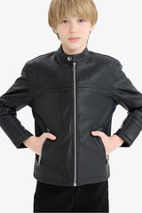 Boys Waterproof Zippered Faux Leather Jacket Coat
