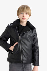 Boys Waterproof Zippered Collar Plush Lining Faux Leather Coat