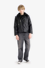 Boys Waterproof Zippered Collar Plush Lining Faux Leather Coat