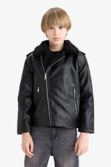 Boys Waterproof Zippered Collar Plush Lining Faux Leather Coat