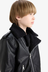Boys Waterproof Zippered Collar Plush Lining Faux Leather Coat