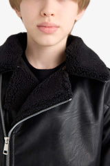 Boys Waterproof Zippered Collar Plush Lining Faux Leather Coat