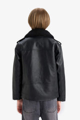 Boys Waterproof Zippered Collar Plush Lining Faux Leather Coat