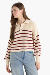 Cool Relax Fit Polo Collar Button-Down Striped Knit Sweater