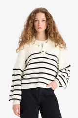 Cool Relax Fit Polo Collar Button-Down Striped Knit Sweater