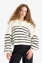 Cool Relax Fit Polo Collar Button-Down Striped Knit Sweater