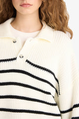 Cool Relax Fit Polo Collar Button-Down Striped Knit Sweater