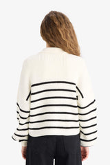 Cool Relax Fit Polo Collar Button-Down Striped Knit Sweater