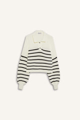 Cool Relax Fit Polo Collar Button-Down Striped Knit Sweater