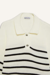 Cool Relax Fit Polo Collar Button-Down Striped Knit Sweater
