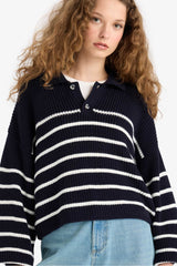Cool Relax Fit Polo Collar Button-Down Striped Knit Sweater