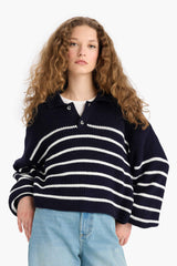 Cool Relax Fit Polo Collar Button-Down Striped Knit Sweater