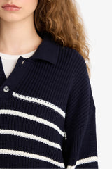 Cool Relax Fit Polo Collar Button-Down Striped Knit Sweater