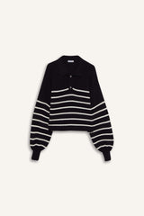 Cool Relax Fit Polo Collar Button-Down Striped Knit Sweater