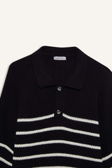Cool Relax Fit Polo Collar Button-Down Striped Knit Sweater