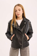 Girls Waterproof Zippered Faux Leather Jacket Coat